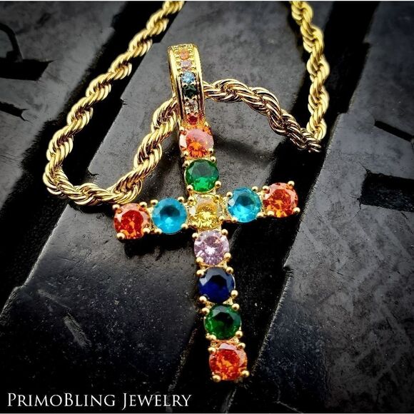Multicolored Simulated Diamond Cross Necklace - Picture 2 of 4